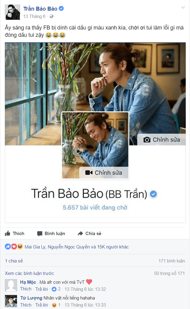 rang Facebook cá nhân của Trưởng nhóm hài BB&BG Trần Bảo Bảo được xác nhận dấu tích xanh Facebook. Ảnh: Facebook Trần Bảo Bảo
